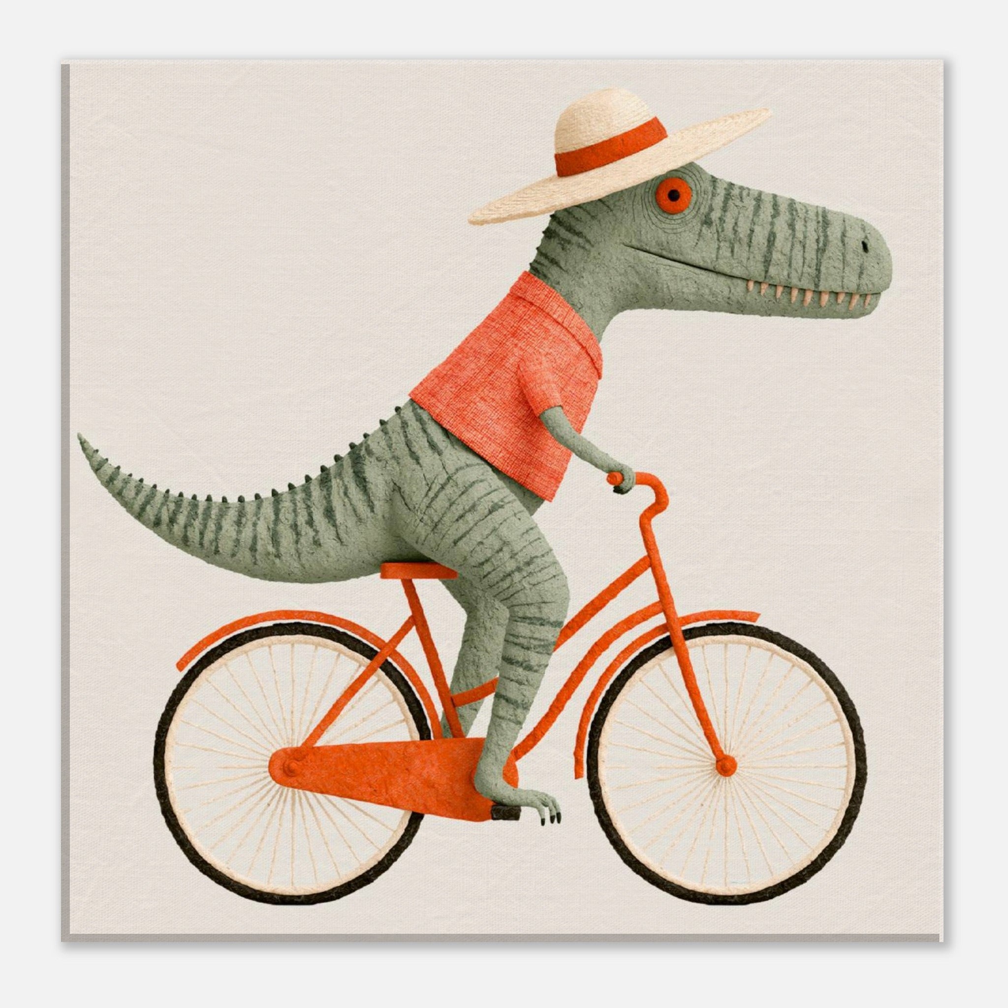 A whimsical illustration of a green dinosaur riding an orange bicycle, wearing a cream hat with an orange band and a coral-orange shirt, on a light beige background.