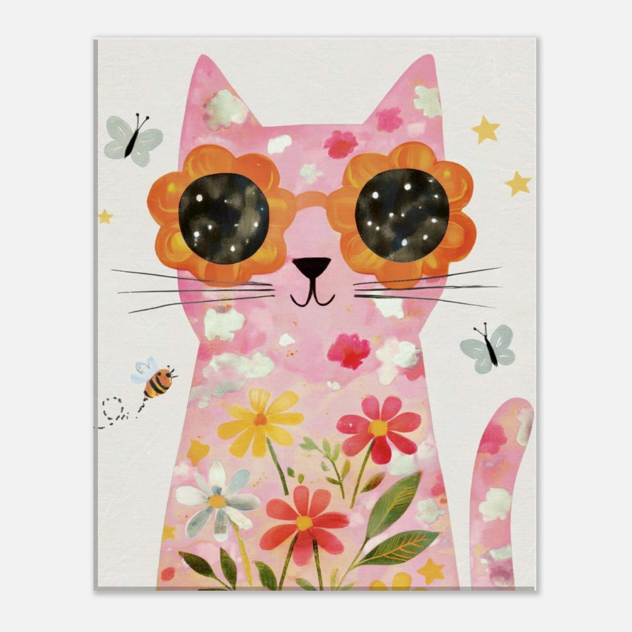 A whimsical art print of a pink cat wearing oversized orange flower-shaped sunglasses with starry black lenses, decorated with colorful flowers and surrounded by butterflies on a light background.