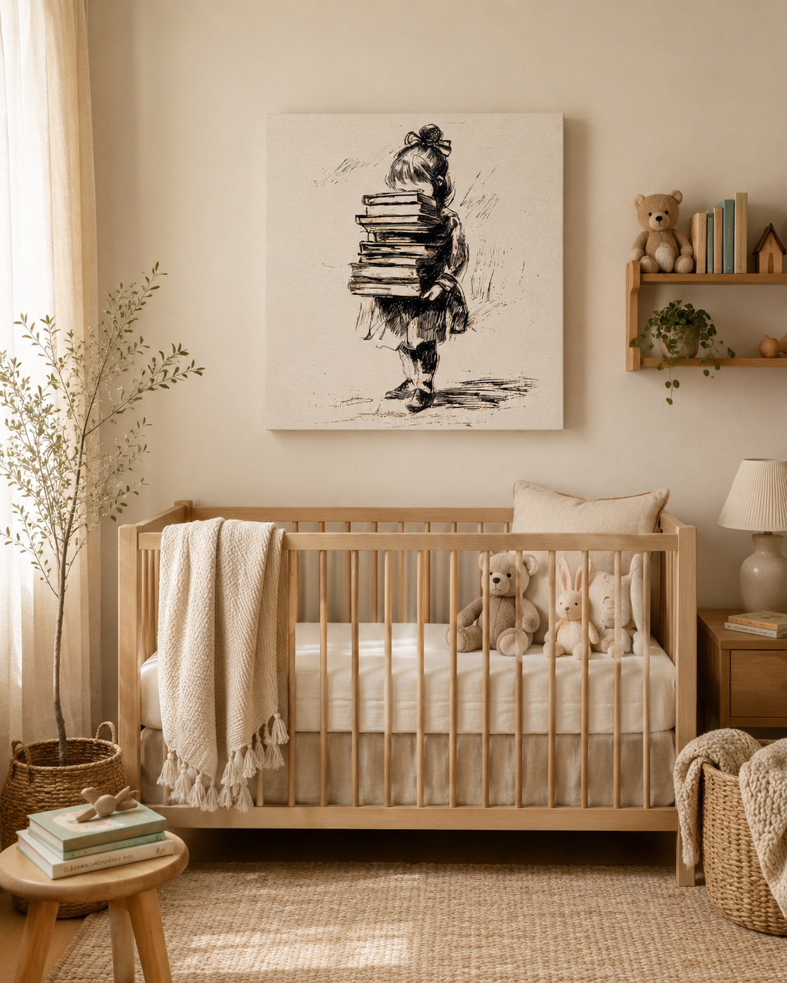 A styled nursery interior featuring a light wood crib with a cream knit throw blanket, white bedding, and plush teddy bears, beneath a large black-and-white sketch print of a child carrying books on the wall.
