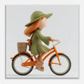 A square wall art print featuring a stylized 3D-rendered character riding an orange bicycle with a basket and green hat, shown against a light gray background with a thin white border.