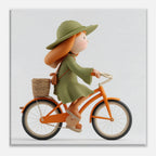 A square wall art print featuring a stylized 3D-rendered character riding an orange bicycle with a basket and green hat, shown against a light gray background with a thin white border.