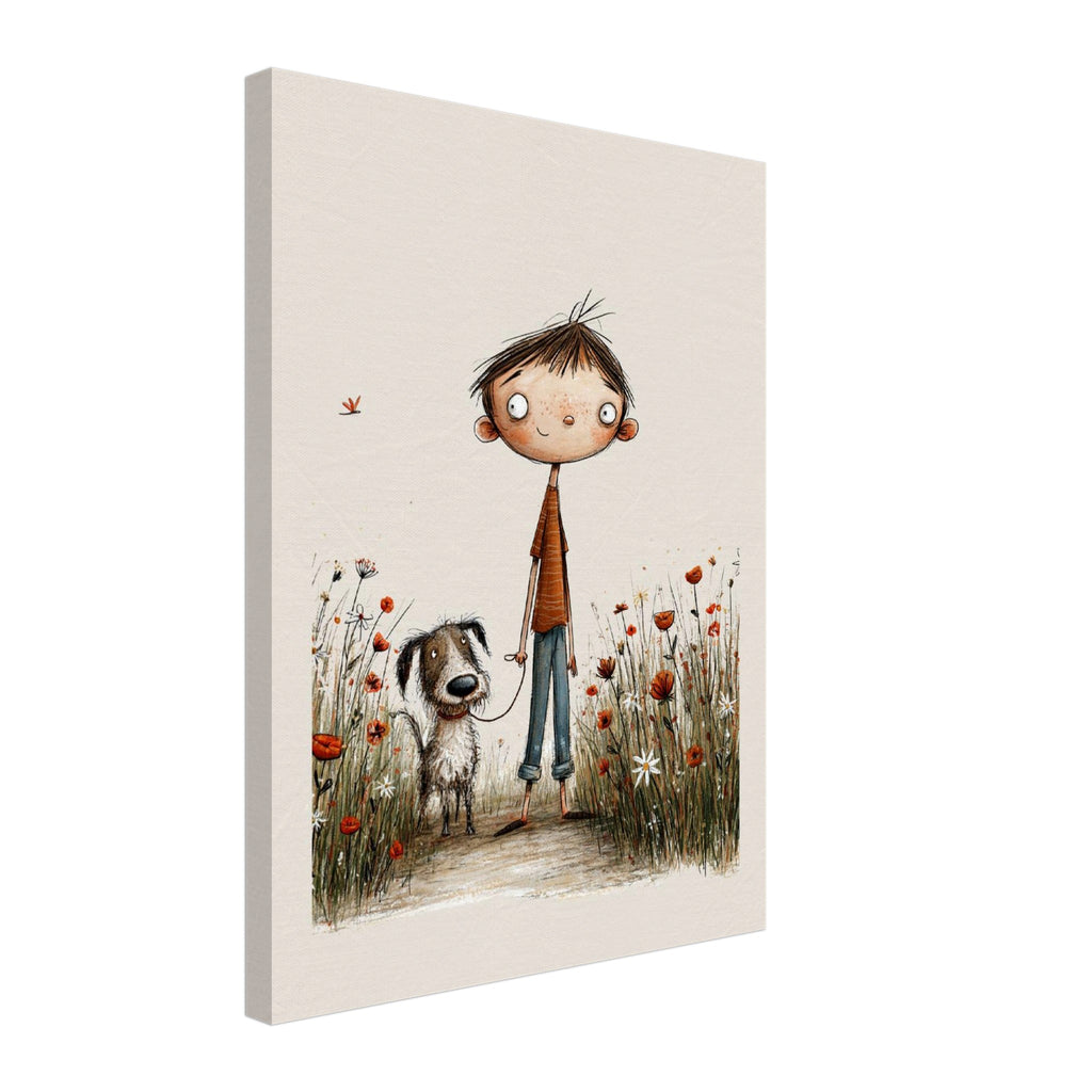 A vertical canvas wall art print featuring a whimsical illustration of a child with a dog in a field of red flowers, shown at a slight angle against a plain white background.