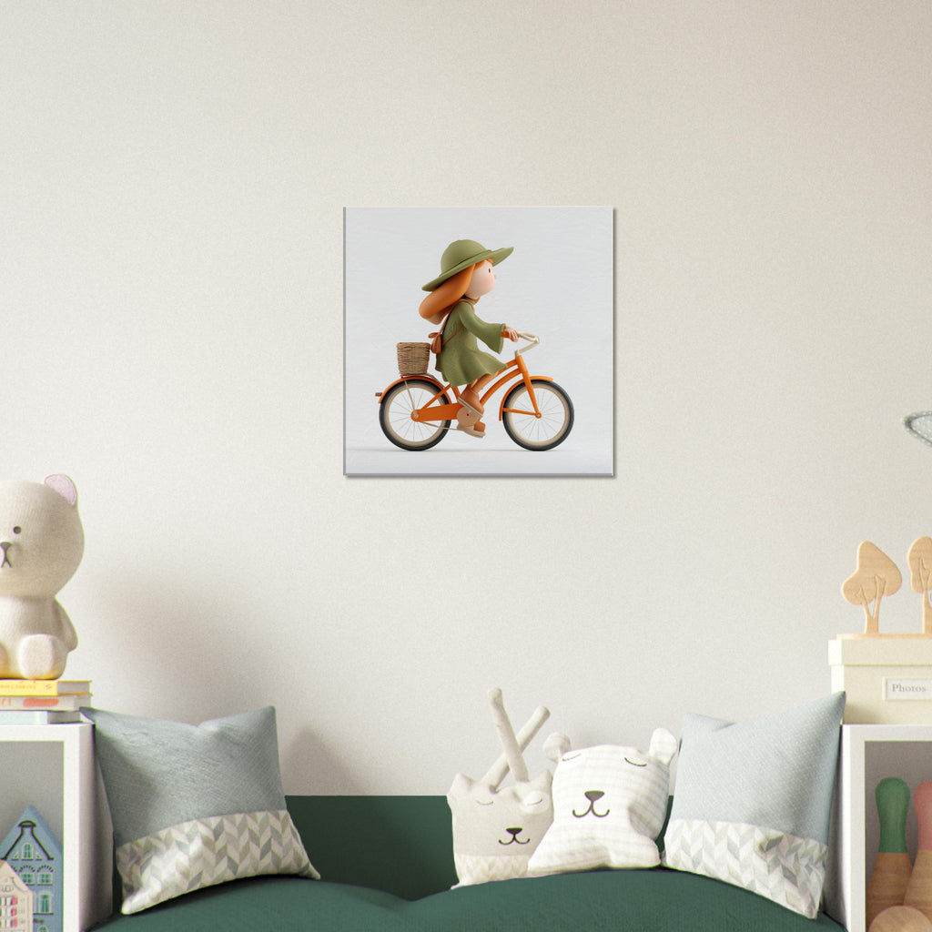 A square wall art print showing a child riding an orange bicycle with a basket, displayed above a green sofa in a styled children's room with pillows and toys.