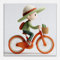 A stylized 3D-rendered child riding an orange bicycle against a light gray background. The child wears a wide-brimmed light green hat with a brown band, a green ribbed sweater, dark green pants, and a brown backpack, with a small basket on the front holding green cactus-like shapes.