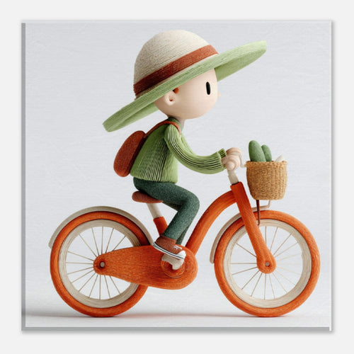 A stylized 3D-rendered child riding an orange bicycle against a light gray background. The child wears a wide-brimmed light green hat with a brown band, a green ribbed sweater, dark green pants, and a brown backpack, with a small basket on the front holding green cactus-like shapes.