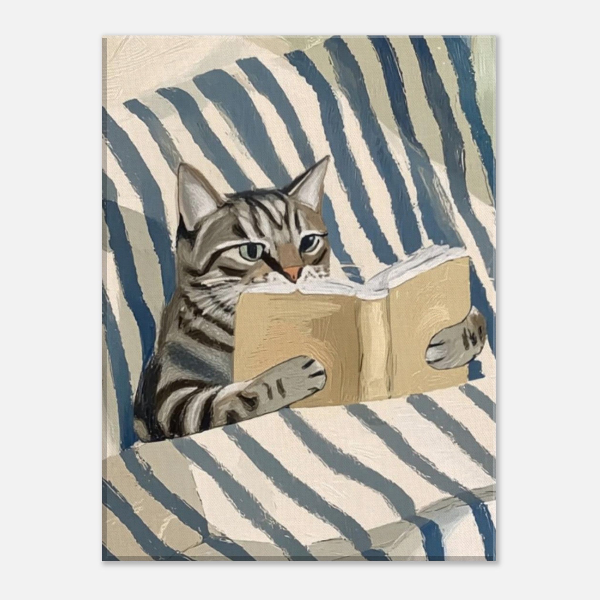 A painted illustration of a gray tabby cat reading an open book on a blue-and-cream striped sofa, shown as a rectangular art print against a light gray background.