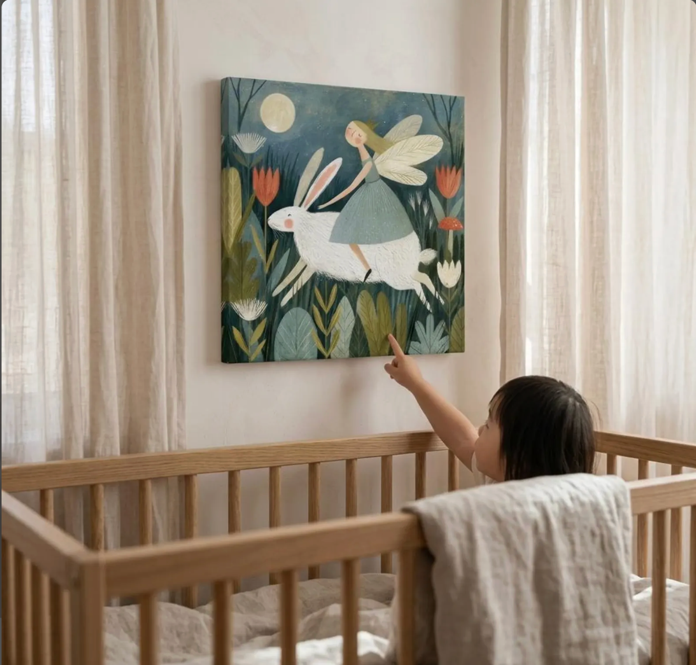 Fairy Riding a White Rabbit Canvas Wall Art for Kids