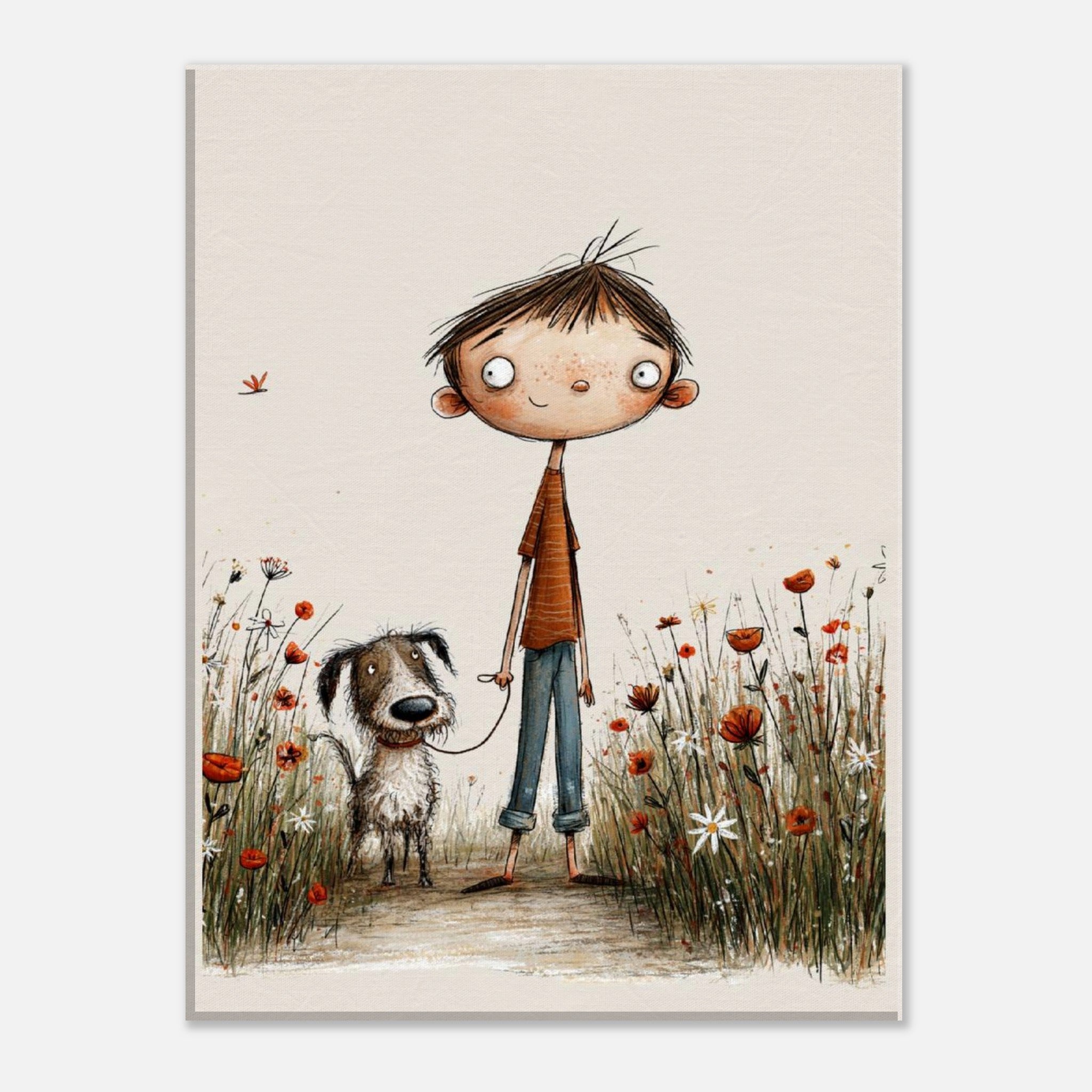 A vertical art print featuring a whimsical illustration of a young boy with brown hair and a dog standing in a field of red and white flowers, set against a light beige background.