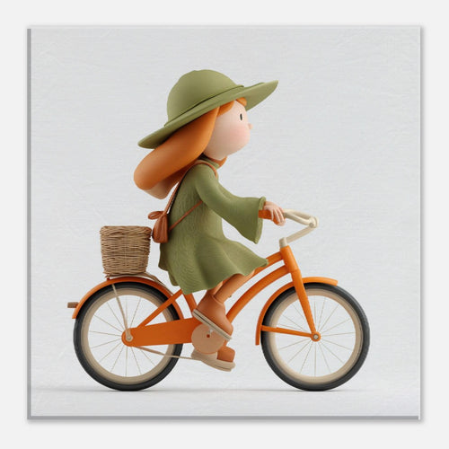 A square wall art print featuring a 3D-rendered illustration of a girl riding an orange bicycle with a wicker basket, shown against a light gray background with a subtle drop shadow.