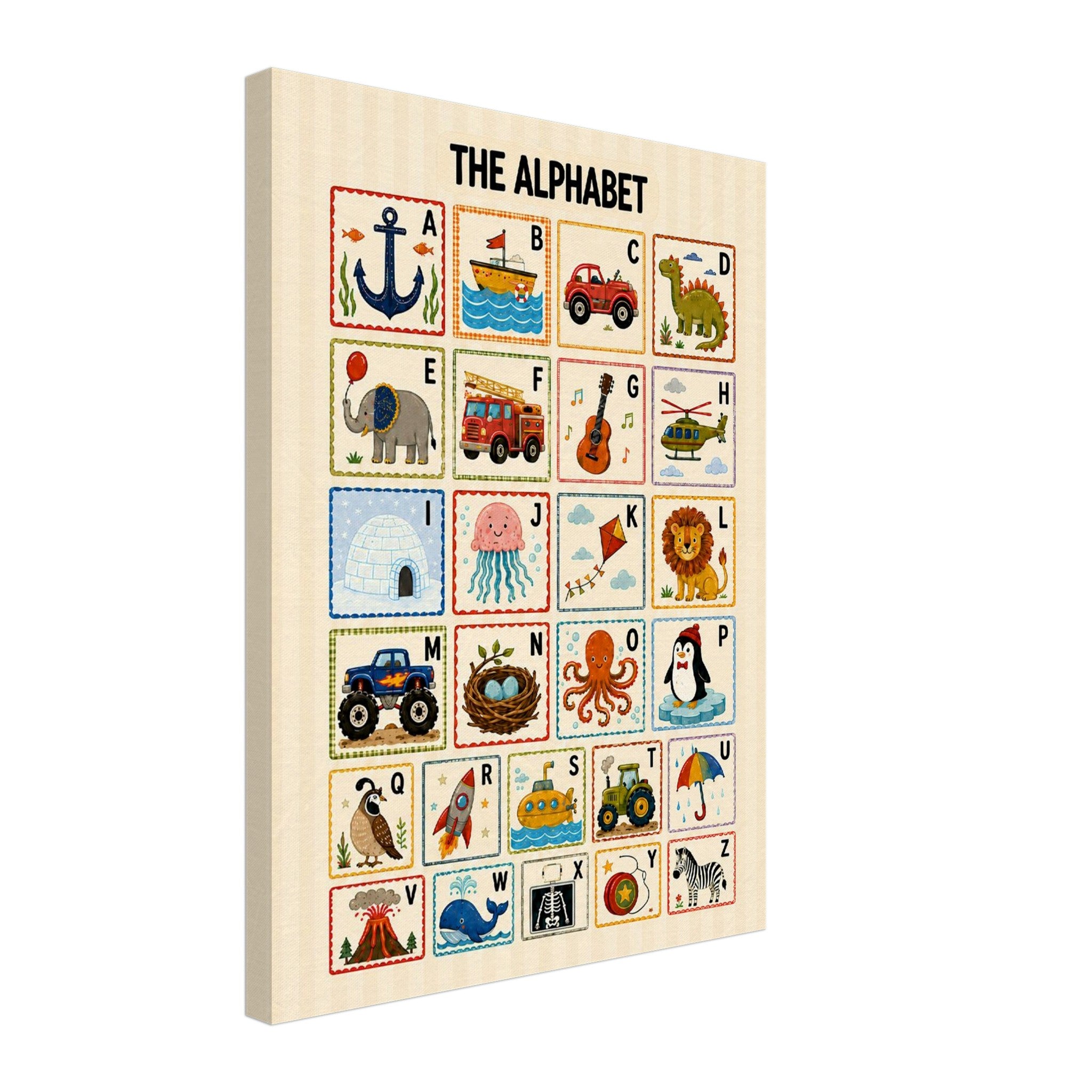 A vertical canvas print featuring 'THE ALPHABET' with 26 illustrated letter tiles arranged in a grid, shown at a slight angle on a plain white background.