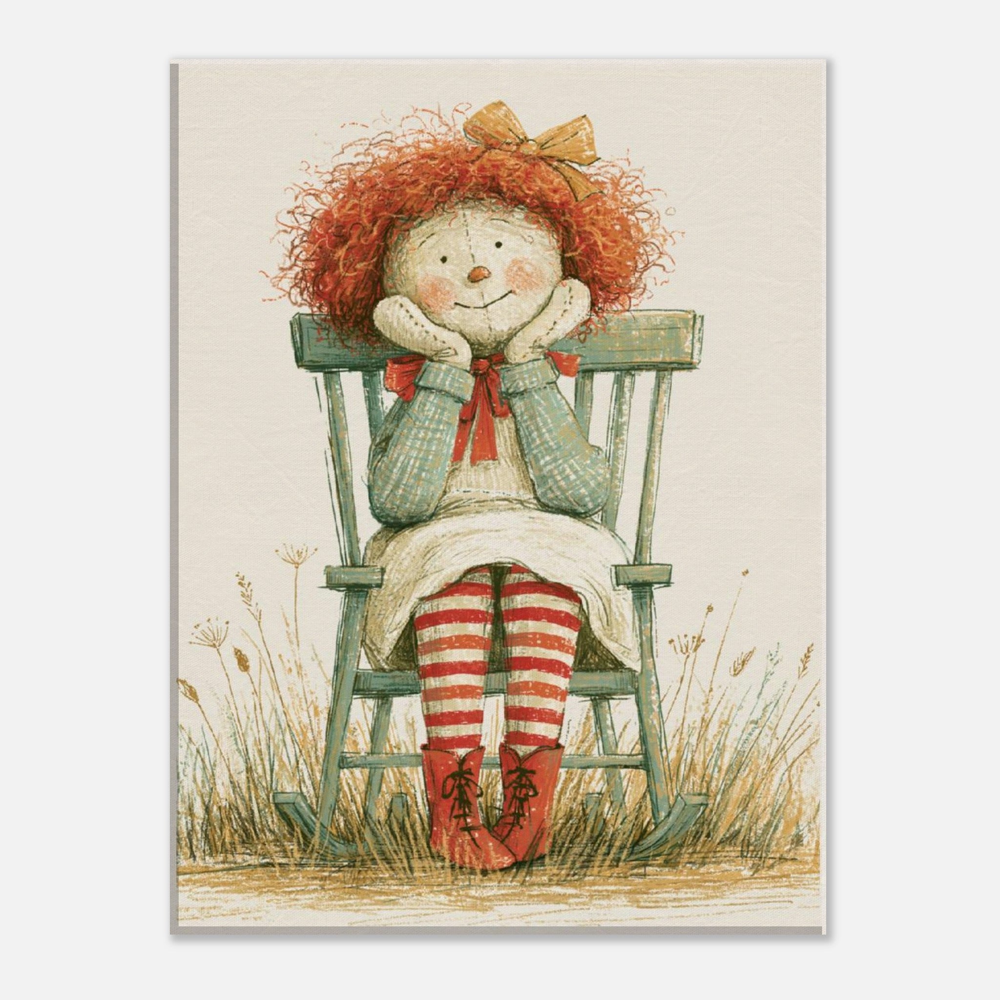 A vertical art print featuring a vintage-style illustration of Raggedy Ann sitting on a green rocking chair. She has curly red hair, a yellow bow, a green plaid sweater, a cream dress, red-and-white striped tights, and red boots, set against a light cream background with grass at the bottom.