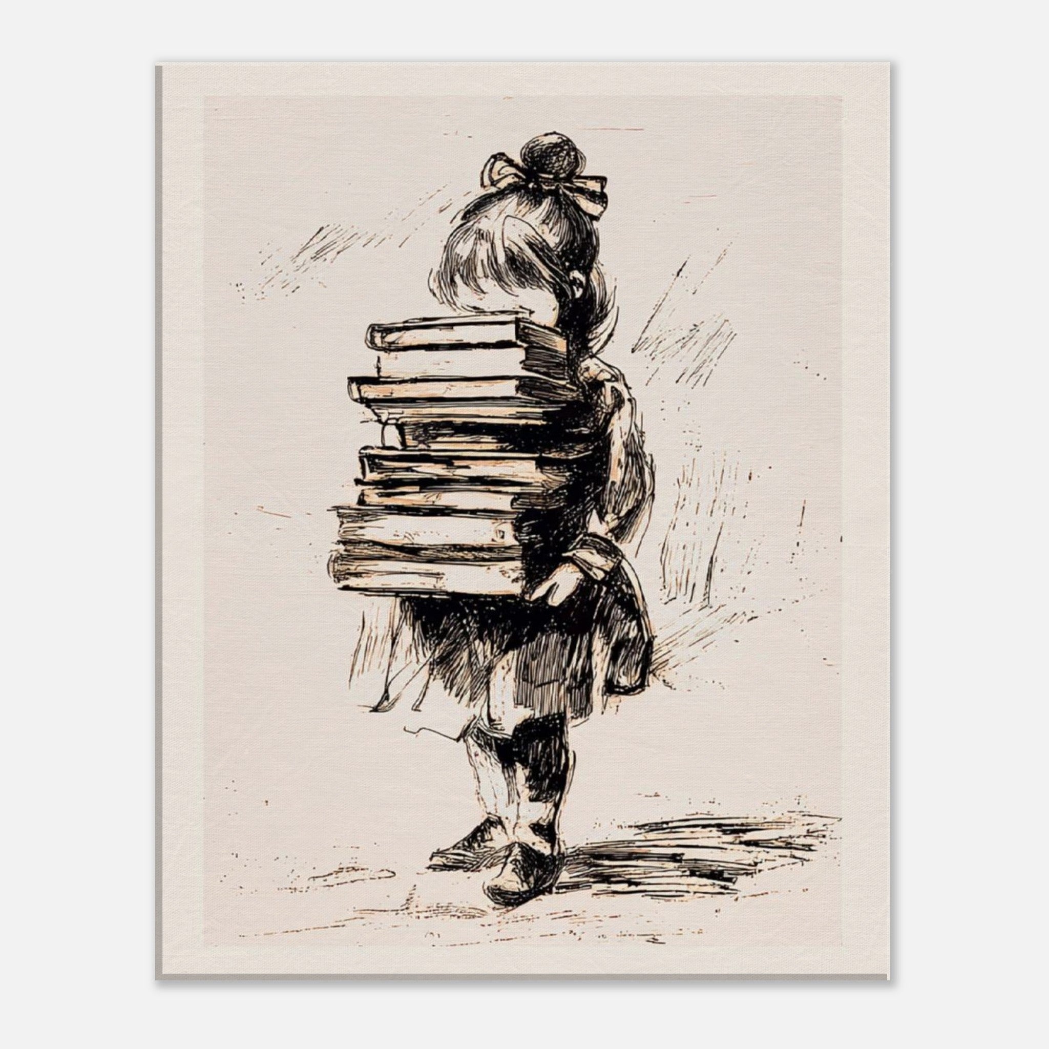 A vintage-style art print featuring a sepia-toned sketch of a young girl seen from behind, carrying a tall stack of books on her back. The print is centered on a clean white background.
