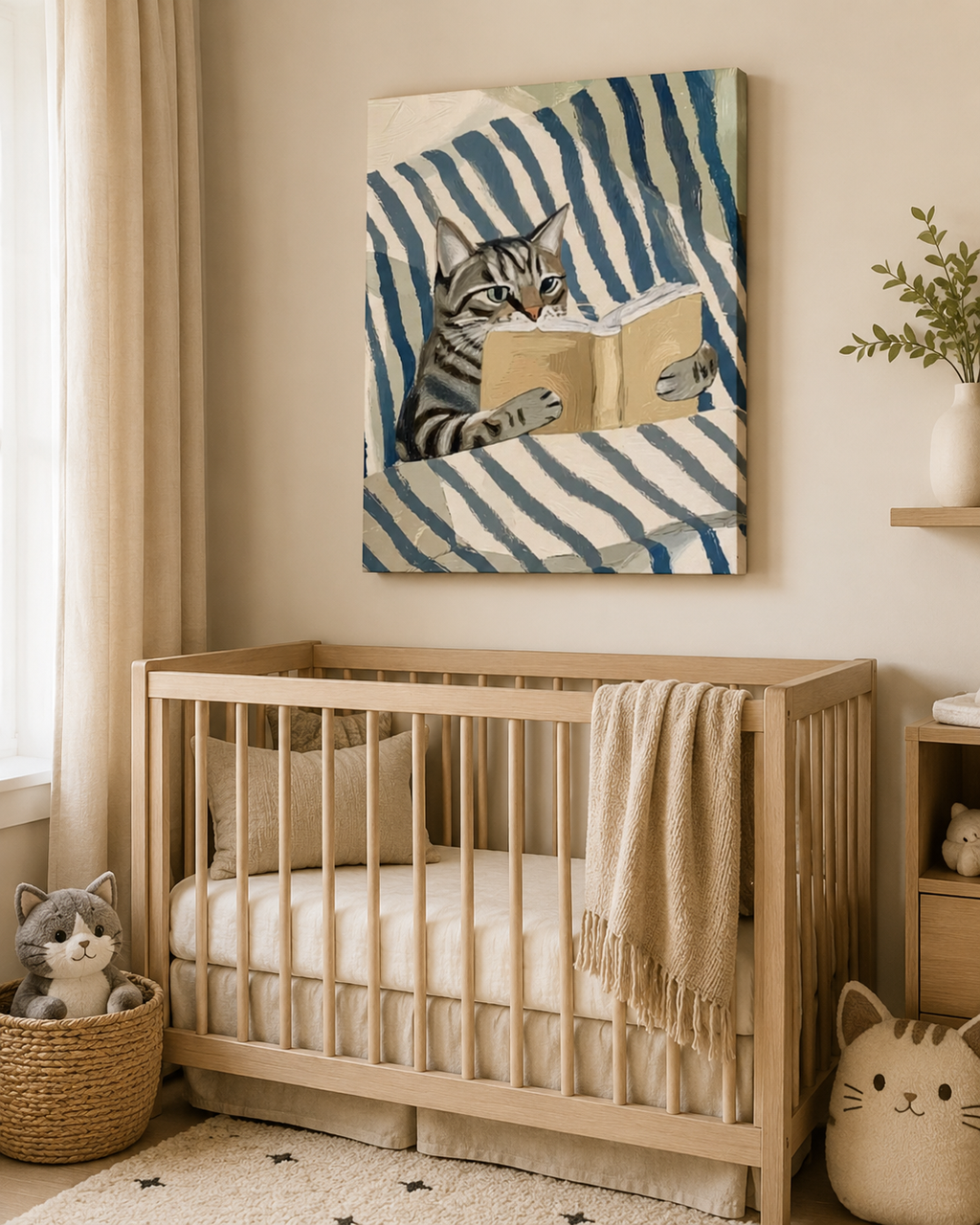 A styled nursery scene featuring a wooden baby crib with a beige blanket, a woven basket with a stuffed cat, and a matching cat-shaped plush on the floor. Above the crib hangs a square canvas painting of a striped cat reading a book against blue and cream stripes.