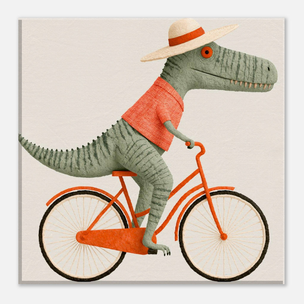 A whimsical illustration of a green dinosaur wearing a beige sun hat with an orange band and an orange shirt, riding an orange bicycle against a light beige background.