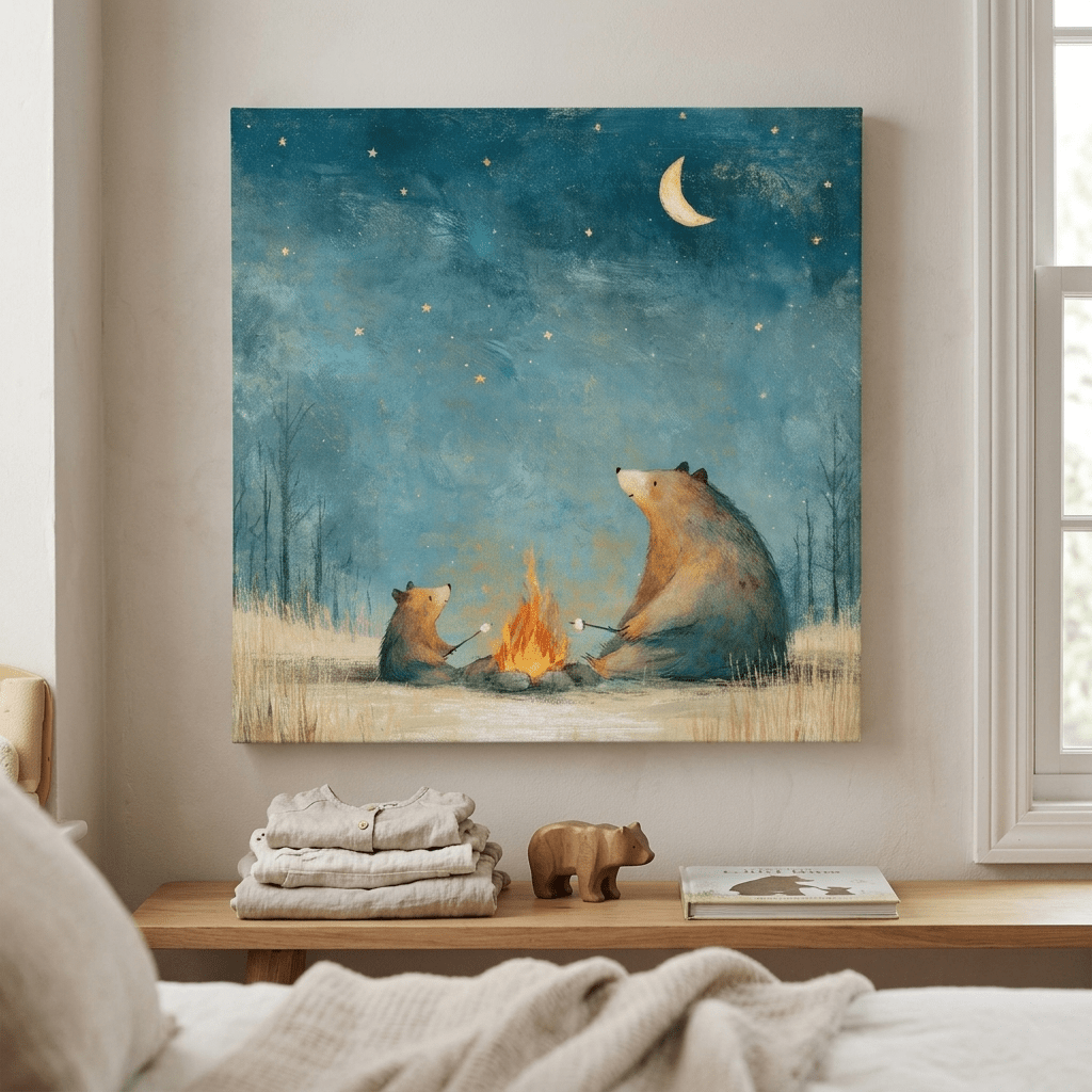 Bears Roasting Marshmallows Canvas Wall Art for Kids - KIDSROOM WALL ART