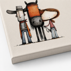 A close-up of a canvas wall art print showing a whimsical illustration of three animals: a cow, a horse, and a dog, painted in earthy tones on a textured off-white canvas.