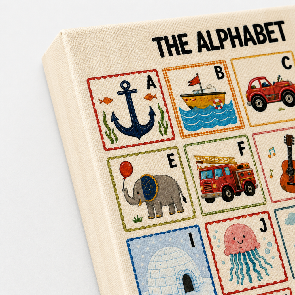 A close-up of a canvas wall art print titled 'THE ALPHABET', showing embroidered-style alphabet letters A through J with corresponding illustrations such as an anchor, boat, car, elephant, fire truck, guitar, igloo, and jellyfish on a cream background.