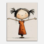 A vertical art print featuring a whimsical hand-drawn illustration of a smiling girl with dark hair in pigtails, wearing an orange dress, with outstretched arms on a light beige background.