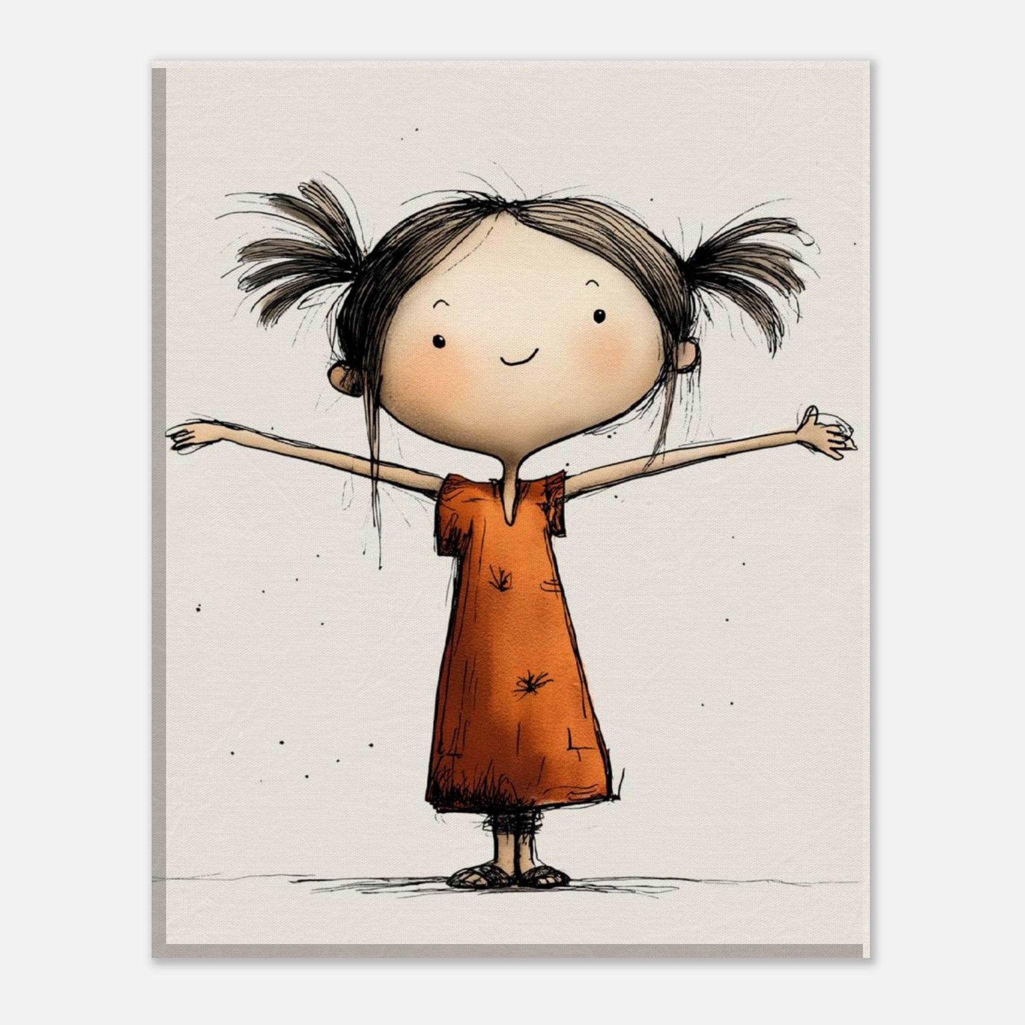 A vertical art print featuring a whimsical hand-drawn illustration of a smiling girl with dark hair in pigtails, wearing an orange dress, with outstretched arms on a light beige background.