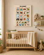 A framed alphabet chart with colorful animal illustrations hangs above a wooden crib in a softly styled nursery. The room includes a teddy bear, shelf books, a plant, and a giraffe toy.