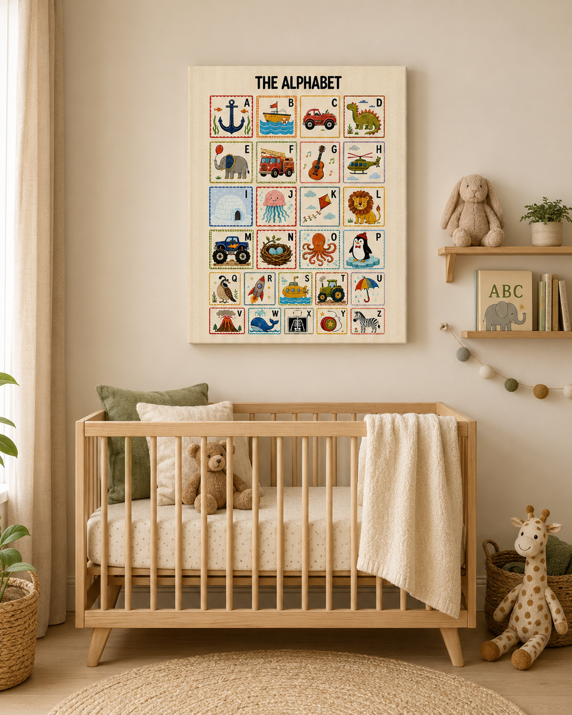 A framed alphabet chart with colorful animal illustrations hangs above a wooden crib in a softly styled nursery. The room includes a teddy bear, shelf books, a plant, and a giraffe toy.