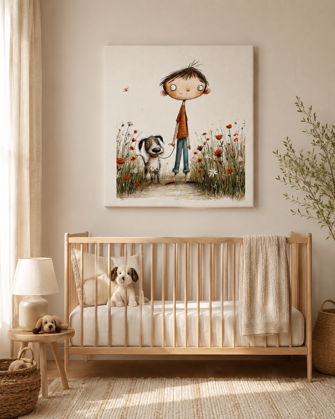 A framed wall art print showing a whimsical child standing in a field of red flowers with a dog, displayed above a light wood crib in a softly styled nursery.