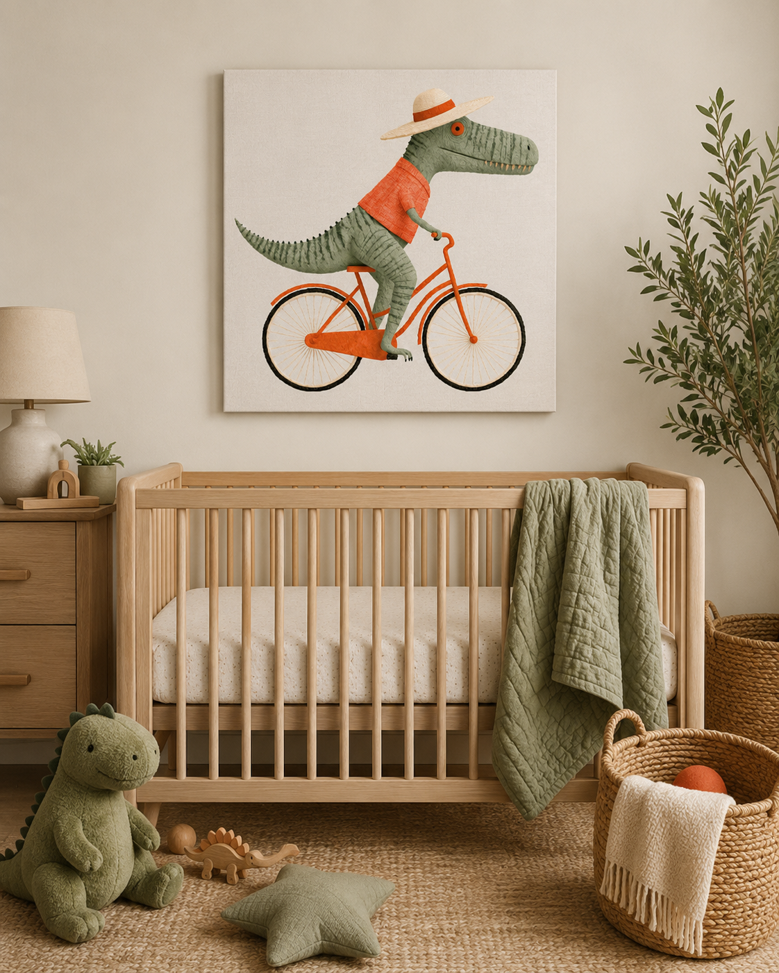 A styled nursery scene with a wooden crib, green dinosaur plush toy, woven baskets, and a wall art print showing a cartoon dinosaur riding an orange bicycle. The room has a warm neutral color palette with beige walls and rug.
