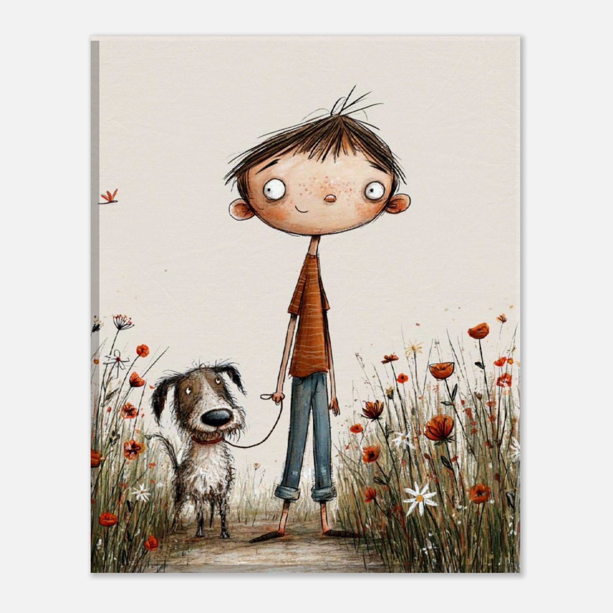 A whimsical illustrated scene of a child standing in a field of red and white flowers with a dog on a leash, shown as a centered art print against a light gray background.