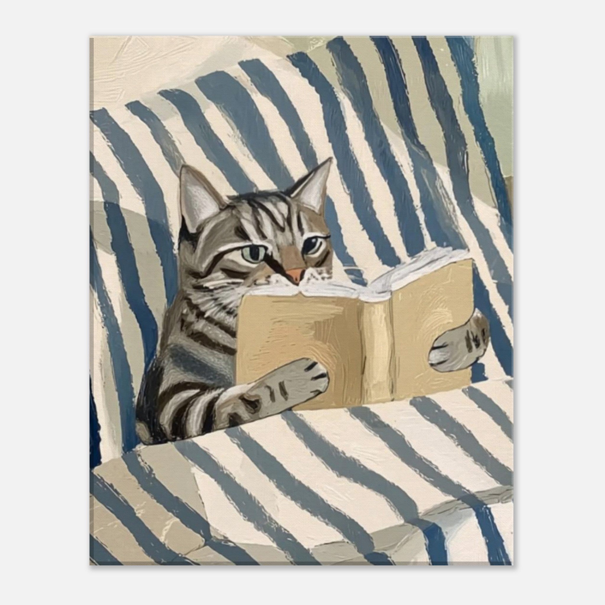 A square art print or poster showing a tabby cat reading a book on a blue-and-cream striped sofa, presented against a light gray background.