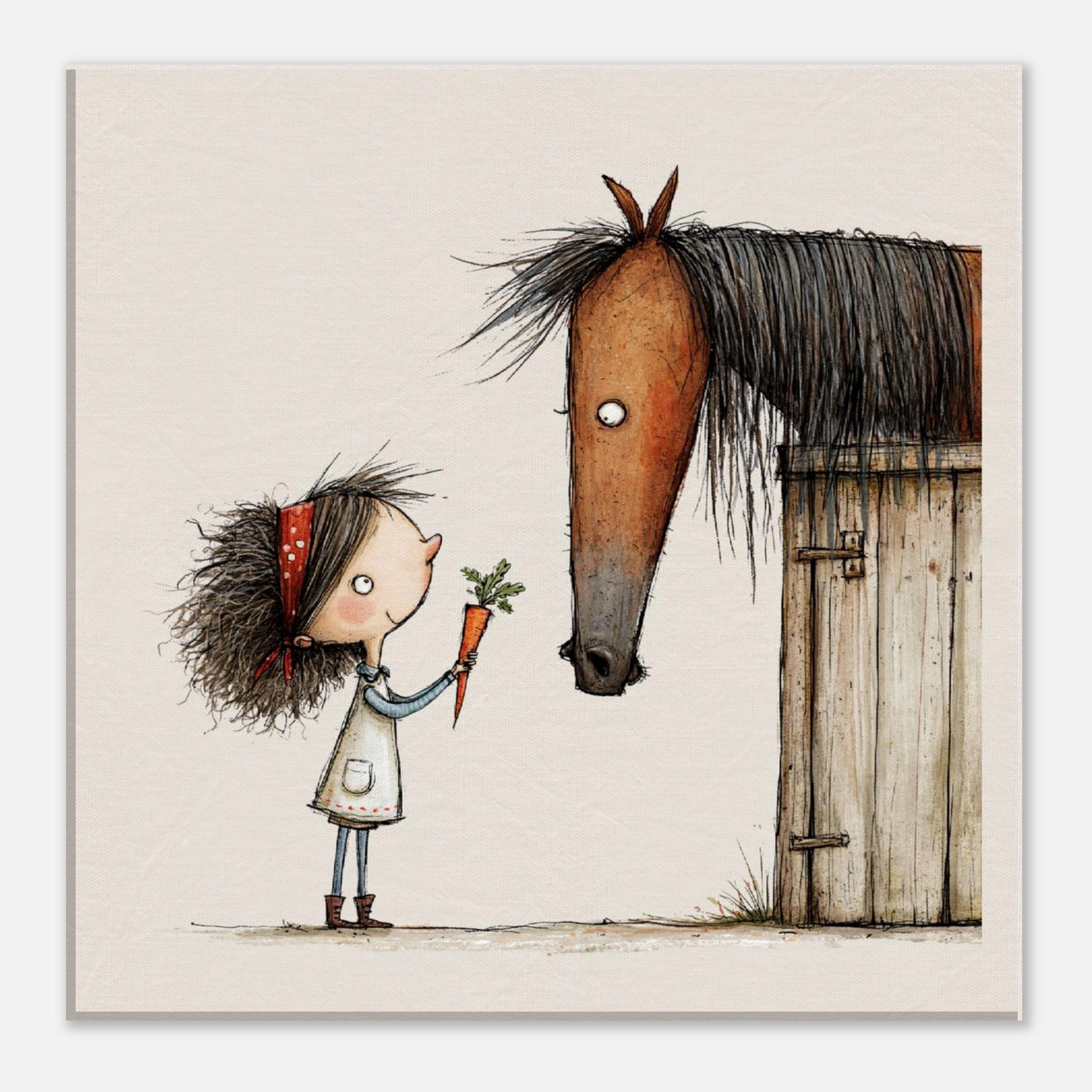 A square art print featuring a whimsical illustration of a young girl with messy dark hair holding a carrot next to a brown horse at a wooden stable, on a warm beige background.