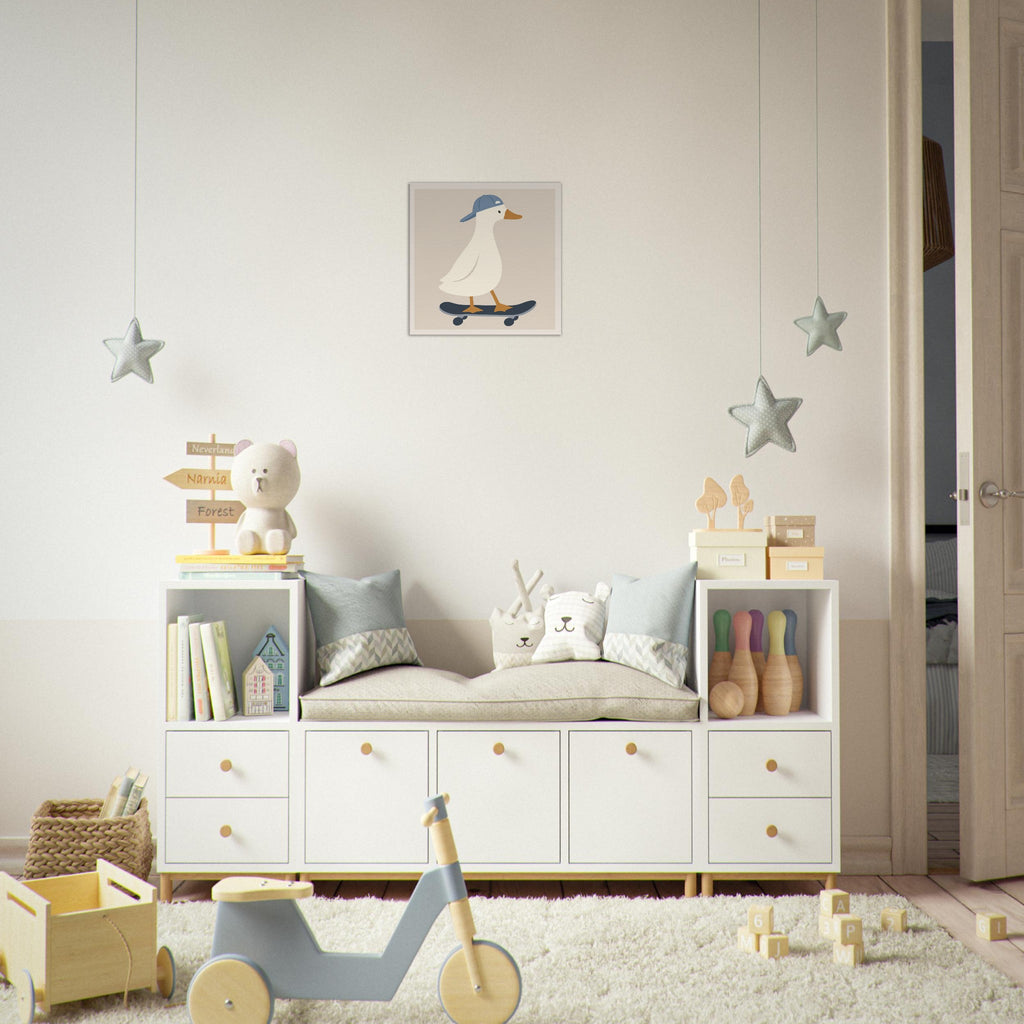 Children's room with white storage unit, toys, and wall art.