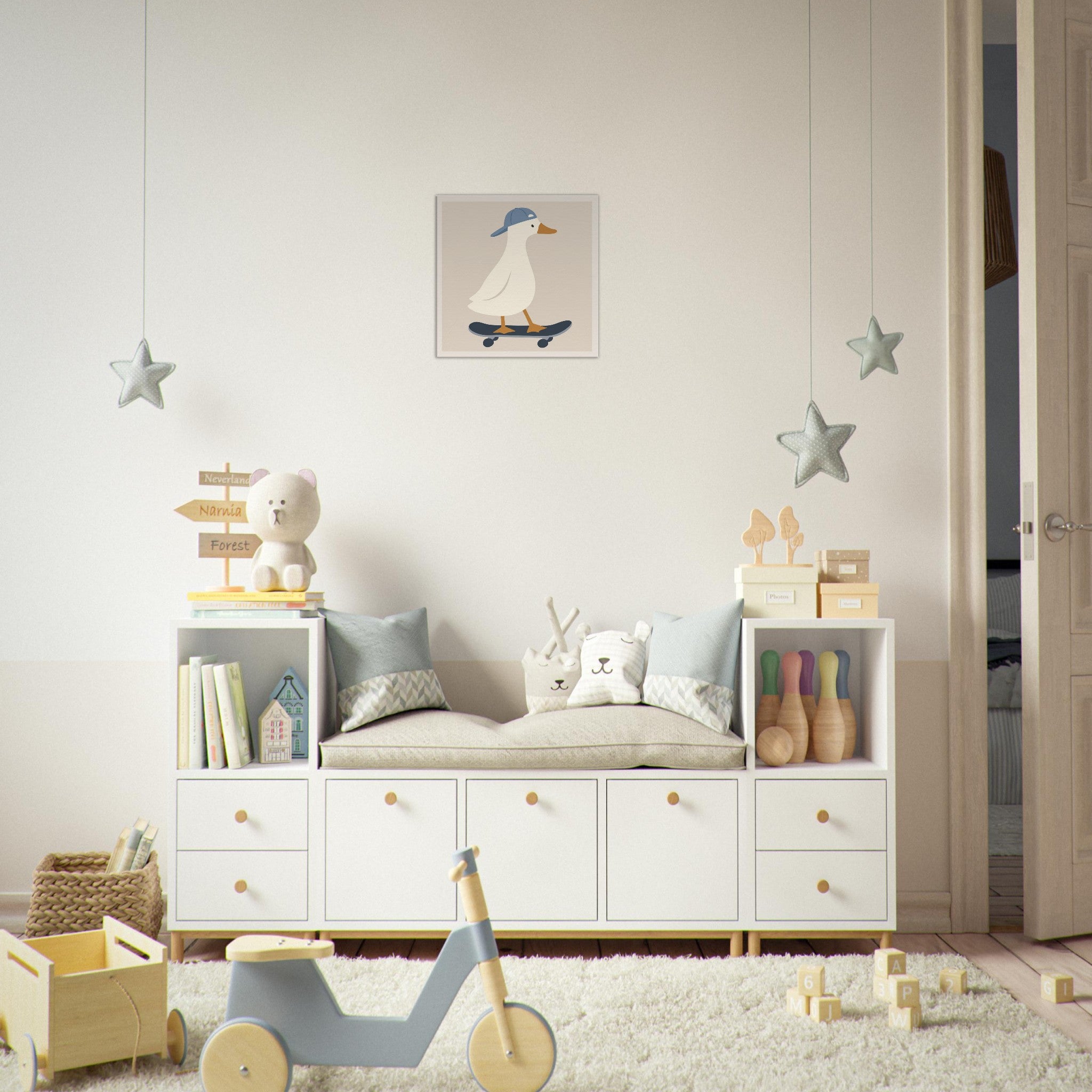Children's room with white storage unit, toys, and wall art.