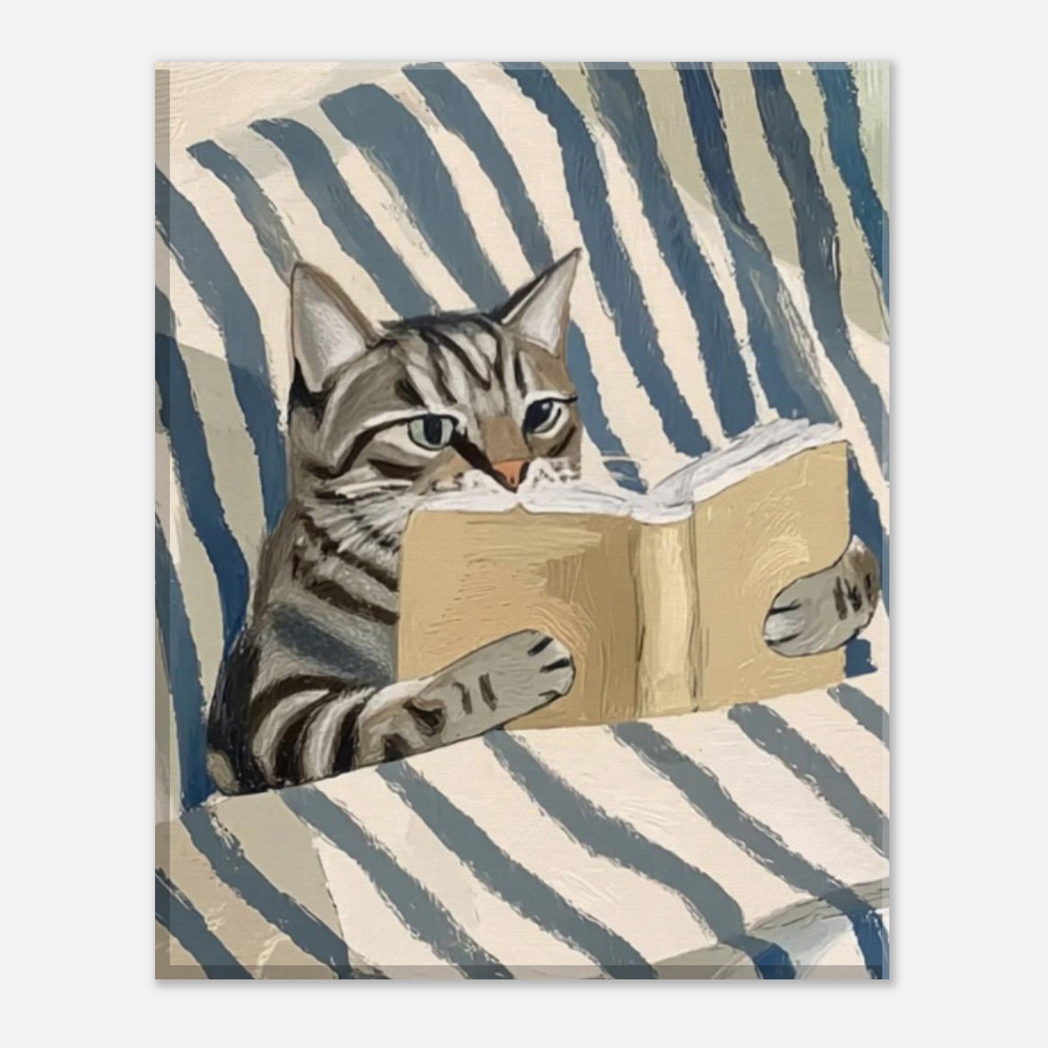 A square art print or poster showing a painted tabby cat reading a book on a blue-and-cream striped surface, centered on a light gray background.
