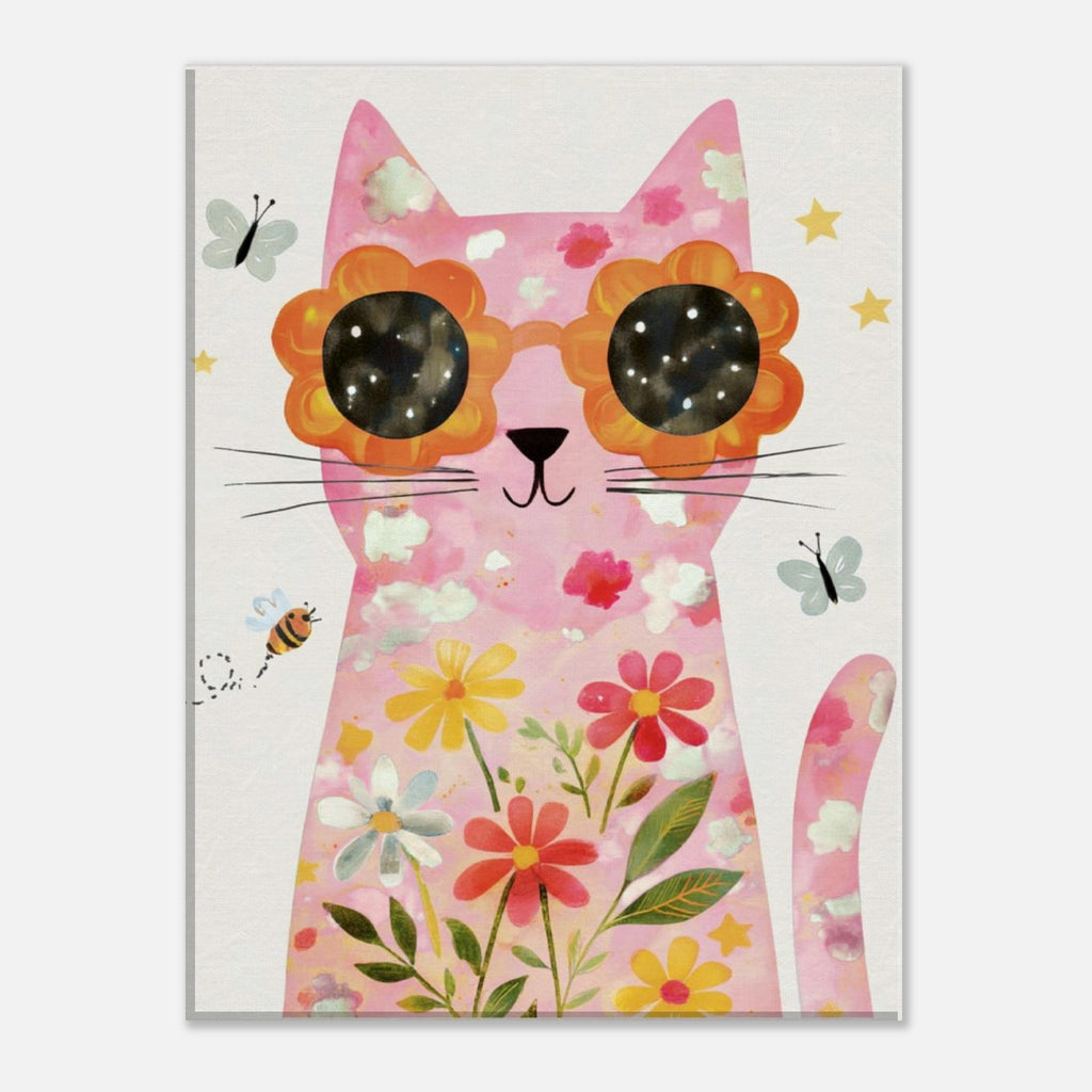 A vertical art print featuring a whimsical pink cat with flower-shaped sunglasses and colorful floral patterns, shown against a light gray background.