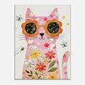 A vertical art print featuring a whimsical pink cat with flower-shaped sunglasses and colorful floral patterns, shown against a light gray background.
