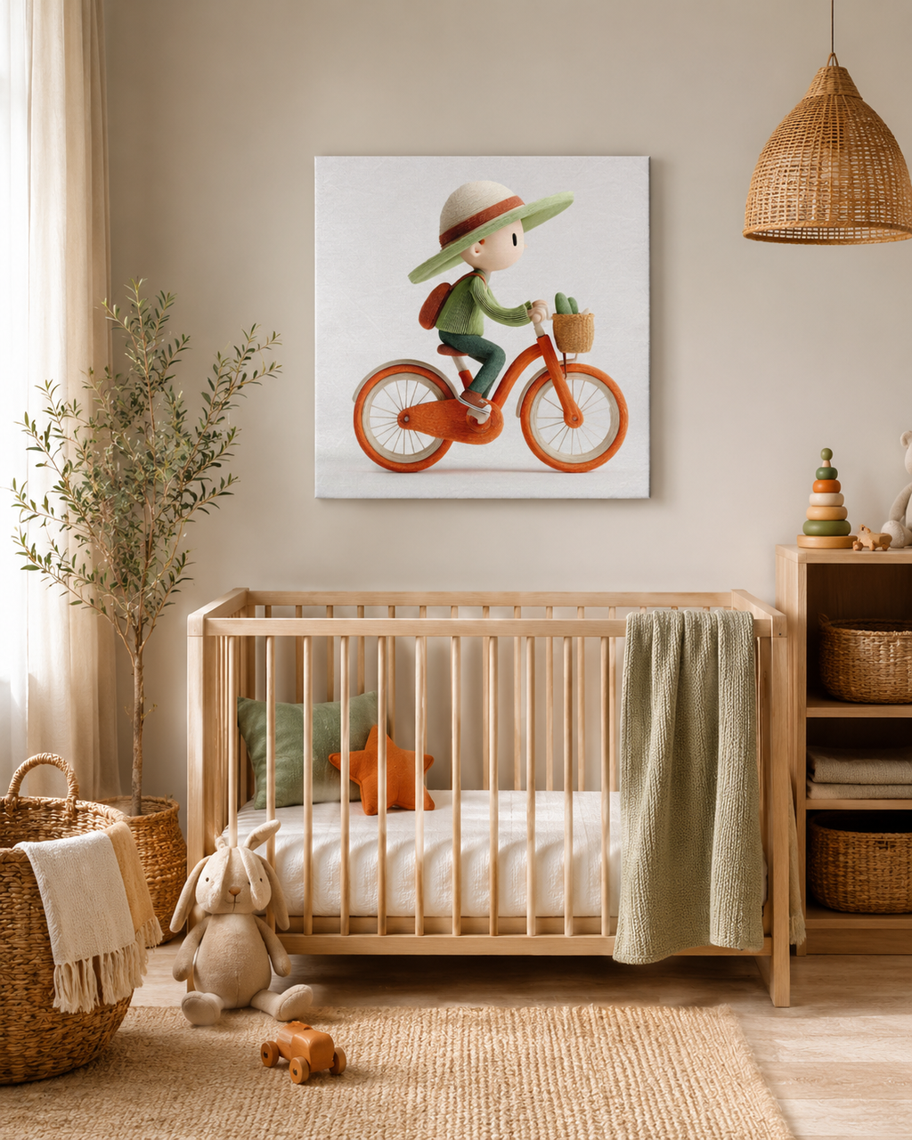 A square canvas wall art print depicting a child riding an orange bicycle, styled in a warm, modern nursery above a light wood crib.