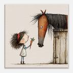 A whimsical watercolor-style illustration of a small child holding an orange carrot and looking up at a horse standing beside a wooden stable, shown as a square art print on a light neutral background.