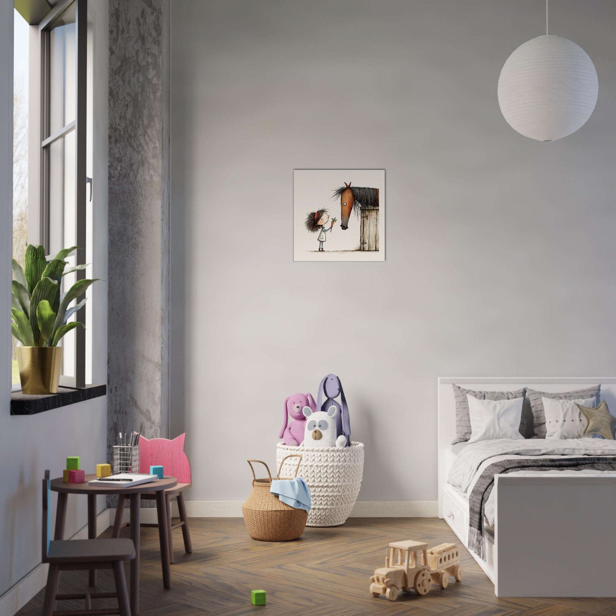 A styled children's bedroom featuring a small framed art print of a horse and a child on the wall above a white bed. The room includes a small wooden table with a pink cushion, a white basket filled with plush toys, a potted plant by the window, and a hanging white globe lamp.