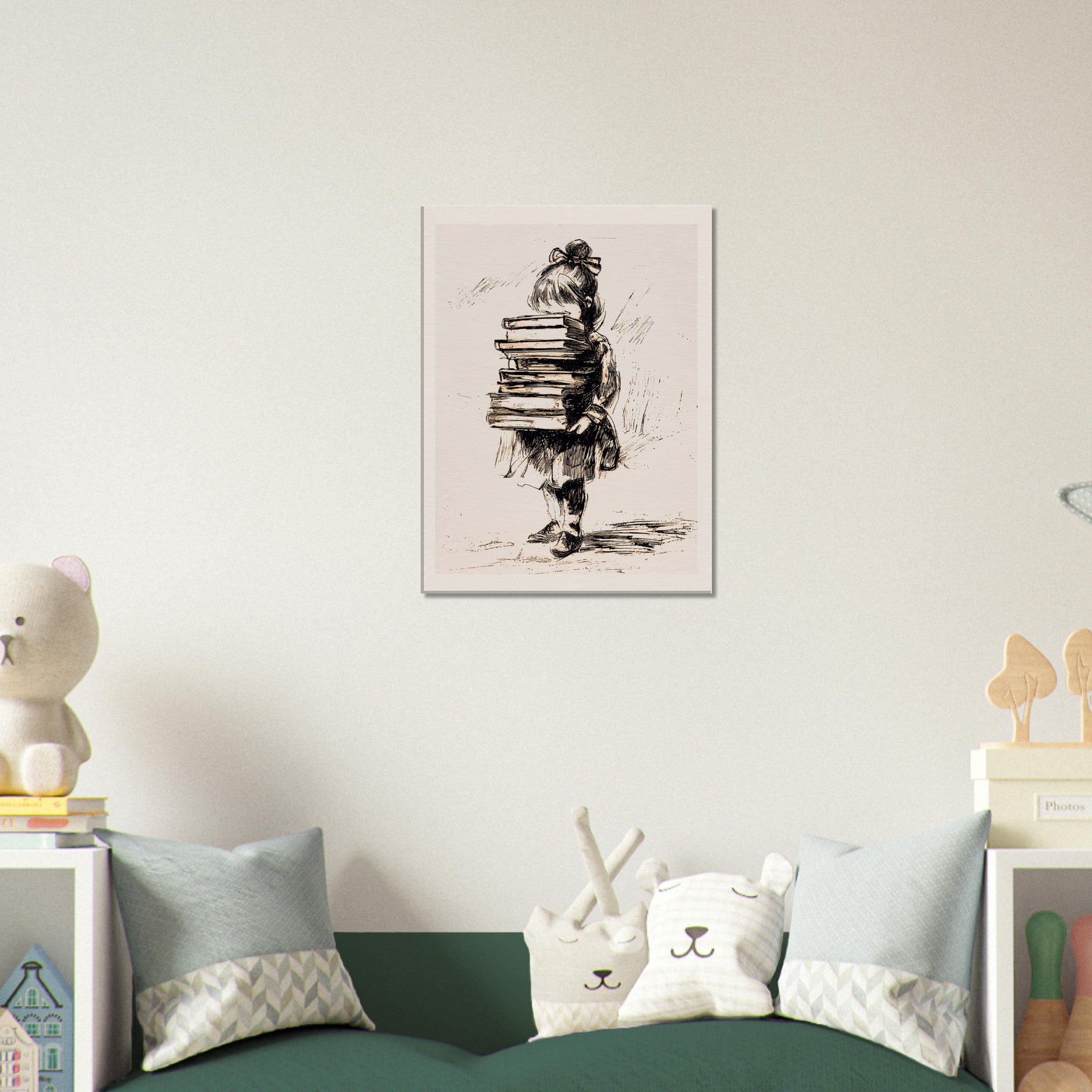 A framed black and white sketch print of a child carrying a stack of books, displayed on a light beige wall above a green sofa with decorative pillows in a styled room setting.