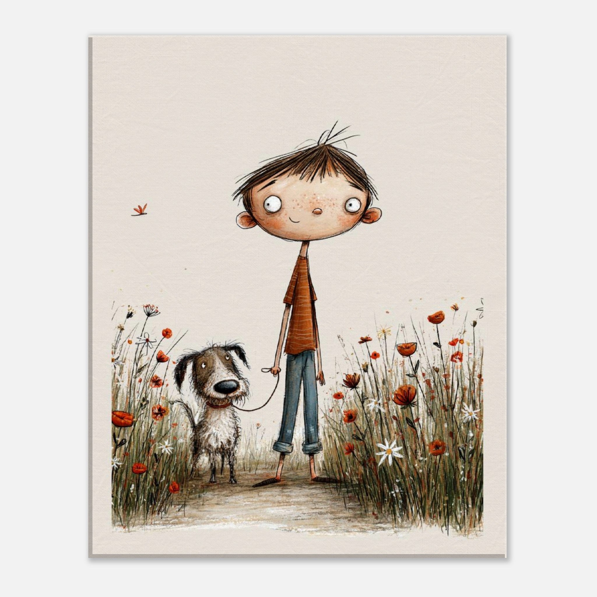 A vertical art print featuring a whimsical watercolor-style illustration of a young boy with brown hair standing in a field of red and white flowers, holding a leash next to a small dog. The print is centered on a light gray background.