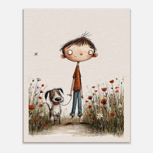 A vertical art print featuring a whimsical watercolor-style illustration of a young boy with brown hair standing in a field of red and white flowers, holding a leash next to a small dog. The print is centered on a light gray background.