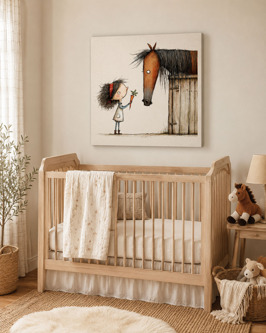 A styled nursery room featuring a large square canvas wall art print depicting a child and a horse, hung above a light wood crib.
