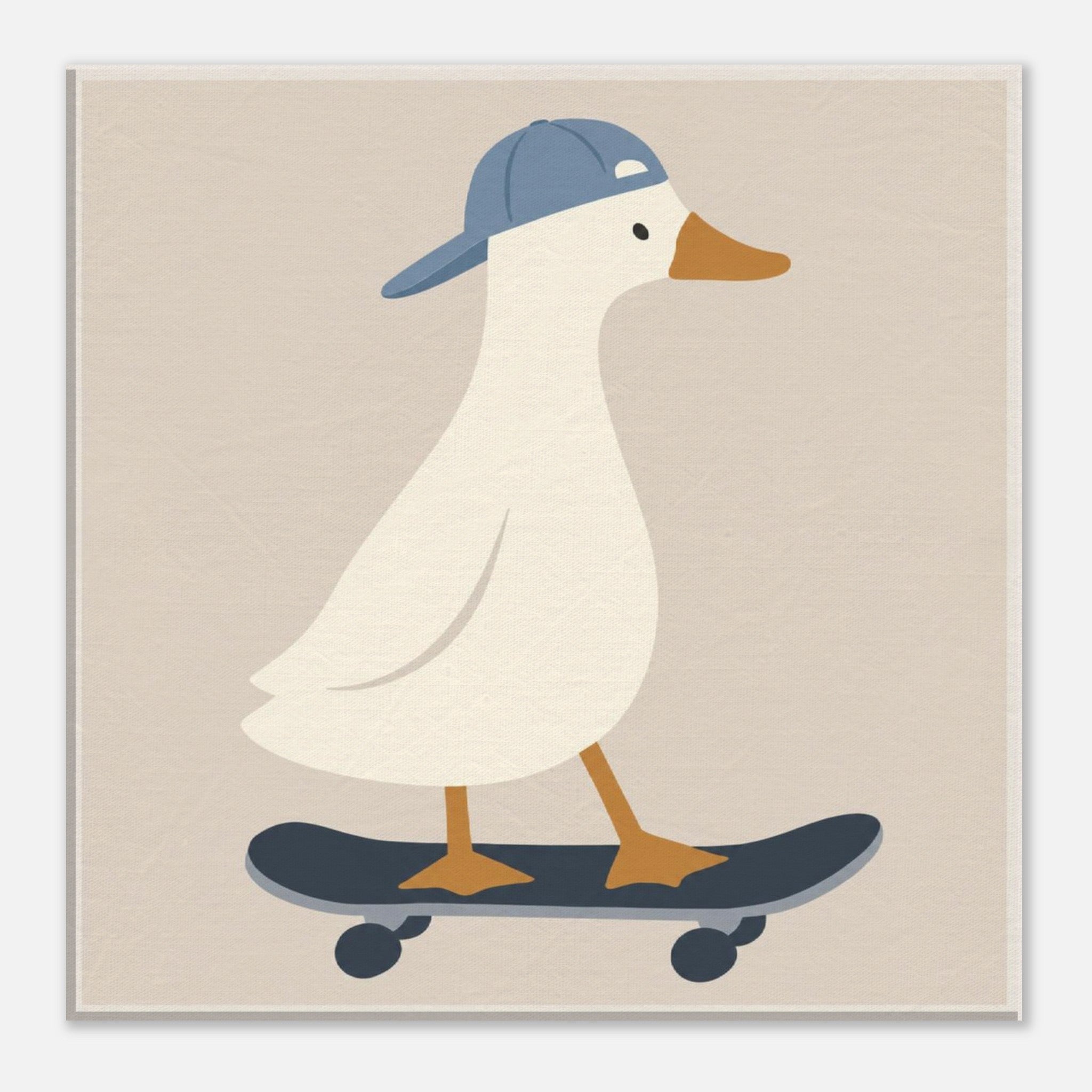 A minimalist art print featuring a white duck wearing a blue cap and standing on a dark skateboard against a warm beige background.