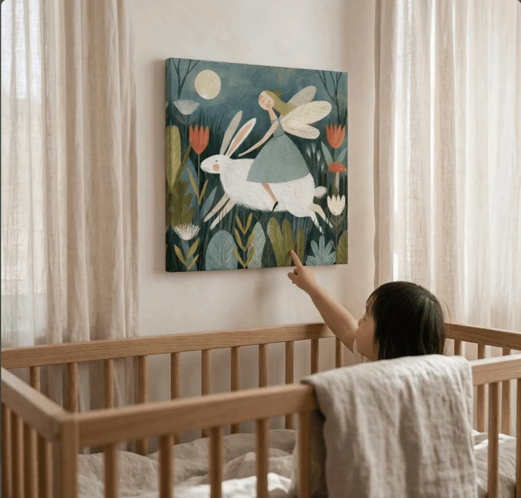 Fairy Riding a White Rabbit Canvas Wall Art for Kids - KIDSROOM WALL ART