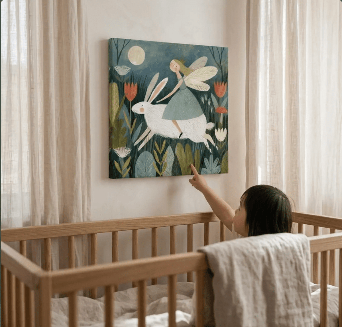 Fairy Riding a White Rabbit Canvas Wall Art for Kids - KIDSROOM WALL ART