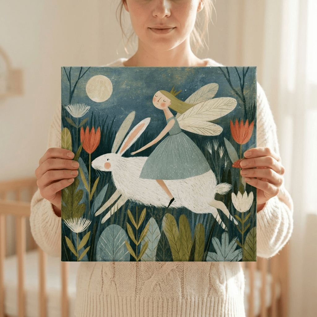Fairy Riding a White Rabbit Canvas Wall Art for Kids - KIDSROOM WALL ART