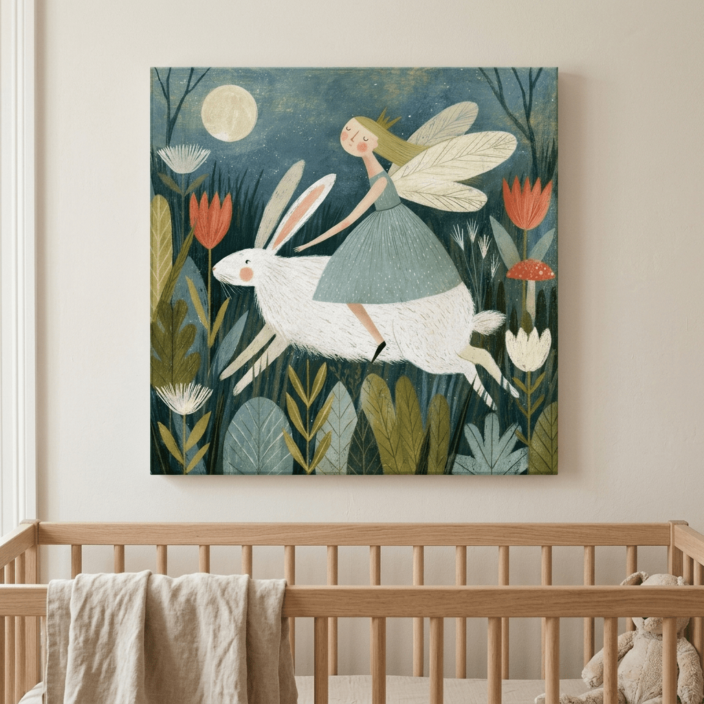 Fairy Riding a White Rabbit Canvas Wall Art for Kids - KIDSROOM WALL ART