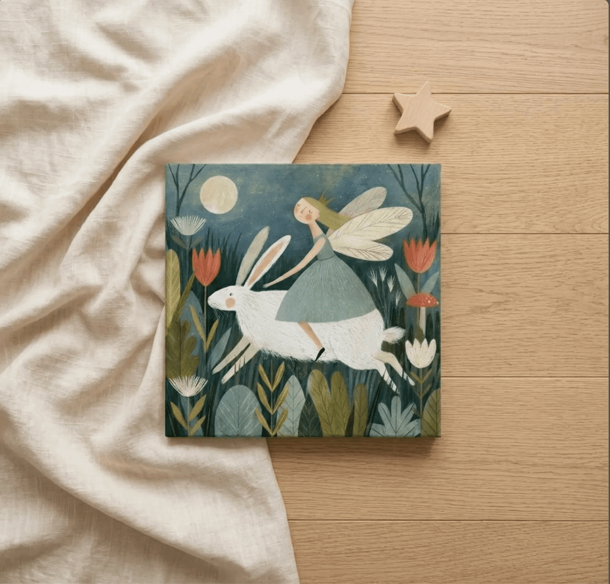 Fairy Riding a White Rabbit Canvas Wall Art for Kids - KIDSROOM WALL ART