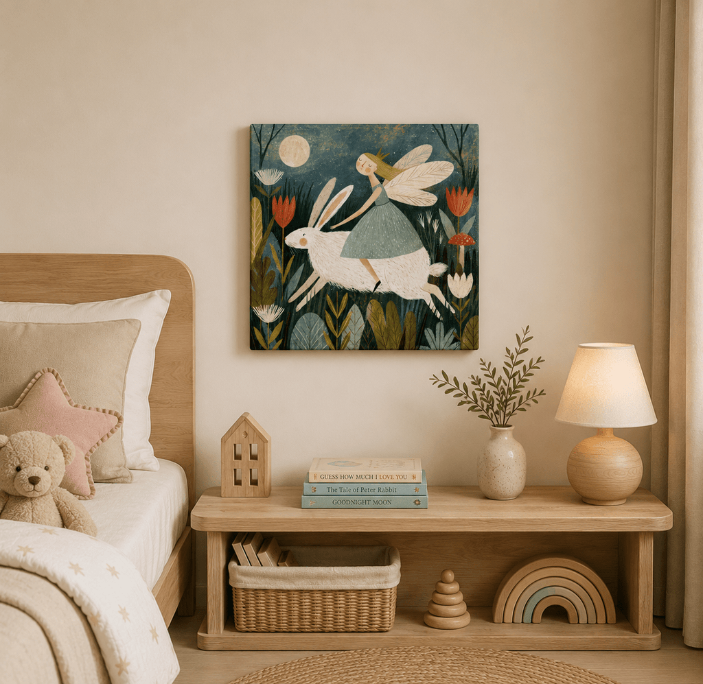 Fairy Riding a White Rabbit Canvas Wall Art for Kids - KIDSROOM WALL ART