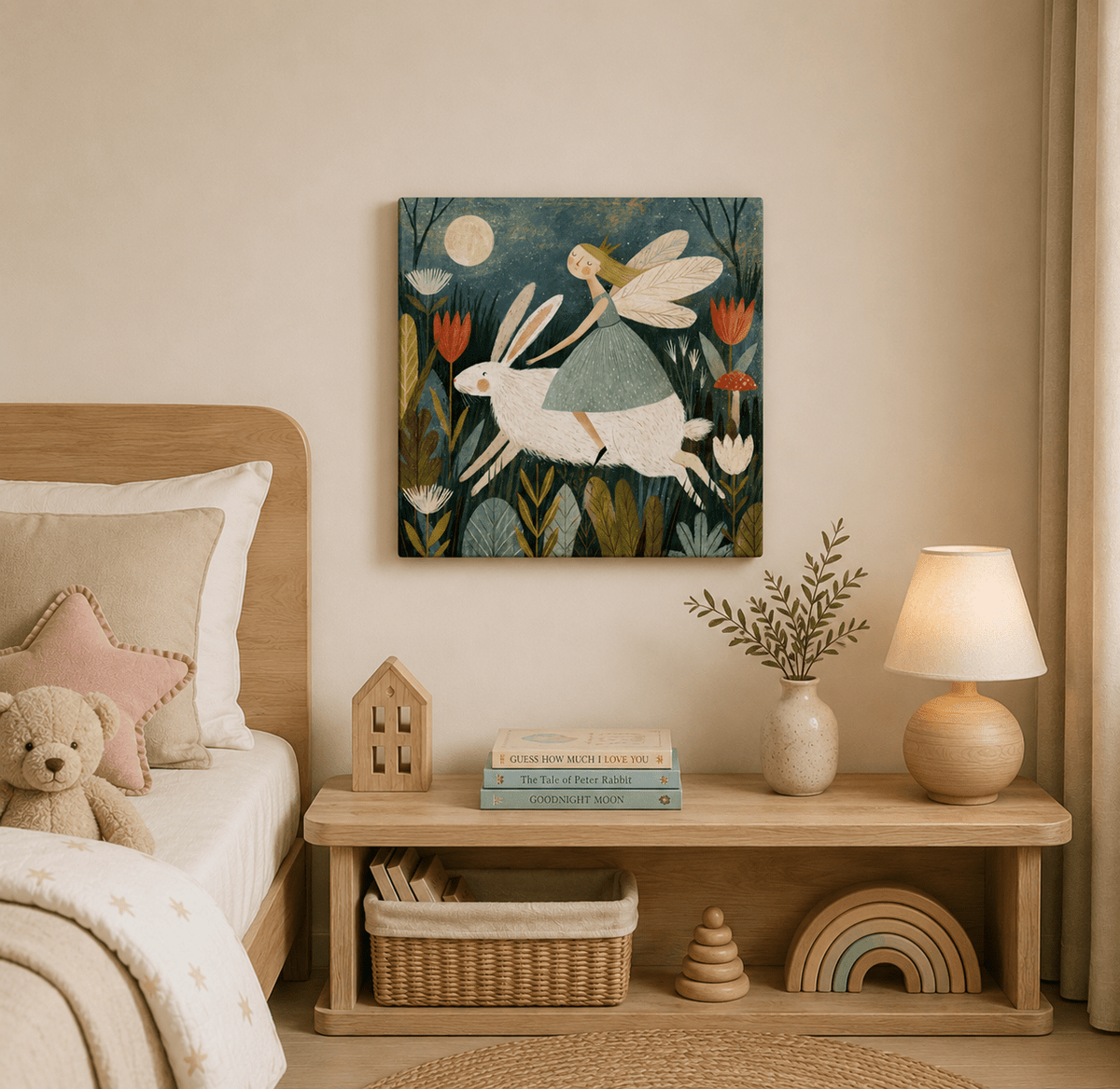Fairy Riding a White Rabbit Canvas Wall Art for Kids - KIDSROOM WALL ART